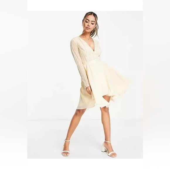 ASOS DESIGN Womens Linear Embellished Bodice Mini Dress Cream SIZE 4 pearls - Picture 1 of 13